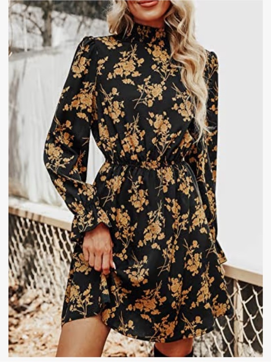 Cupshe Dresses & Skirts - ✨NWT✨Cupshe Black Long-Sleeve Mock Neck Dress with Gold/Orange Floral Print